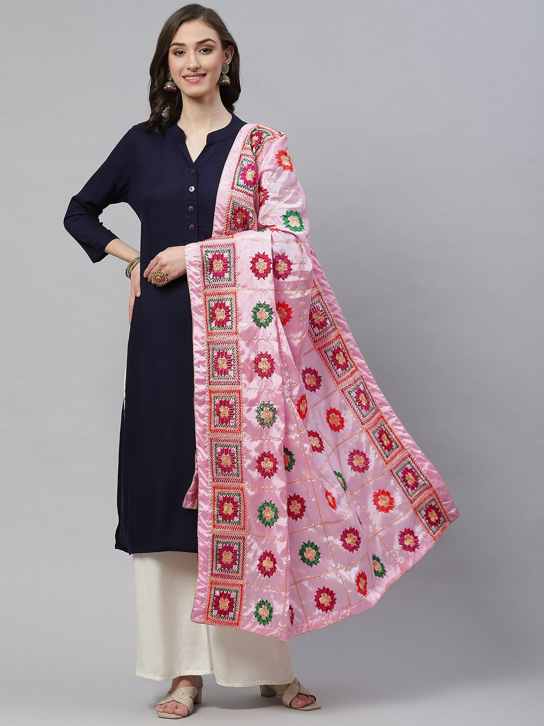 WEAVERS VILLA Pink Ethnic Motifs Embroidered Dupatta Price in India