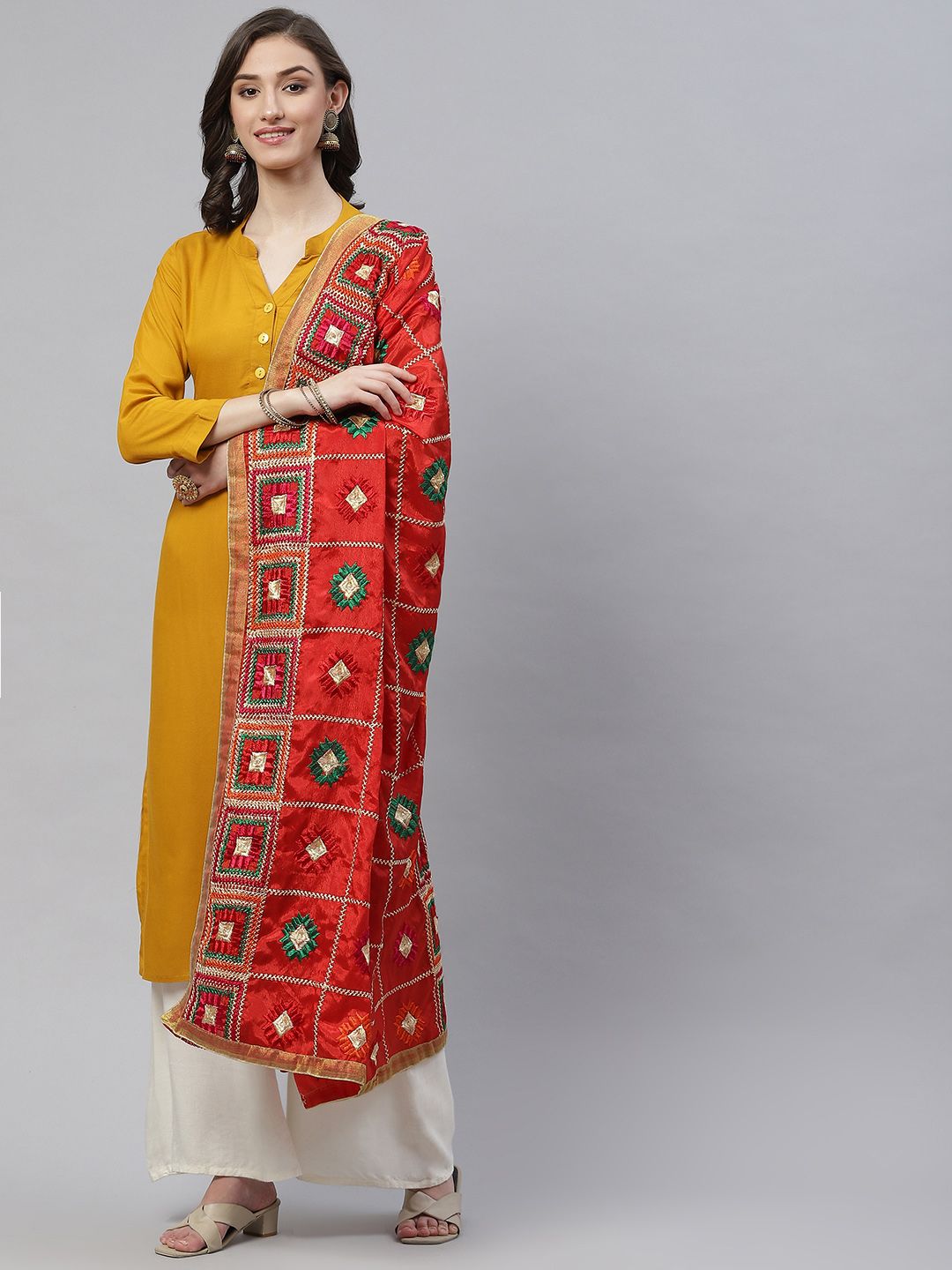WEAVERS VILLA Red Ethnic Motifs Embroidered Dupatta Price in India