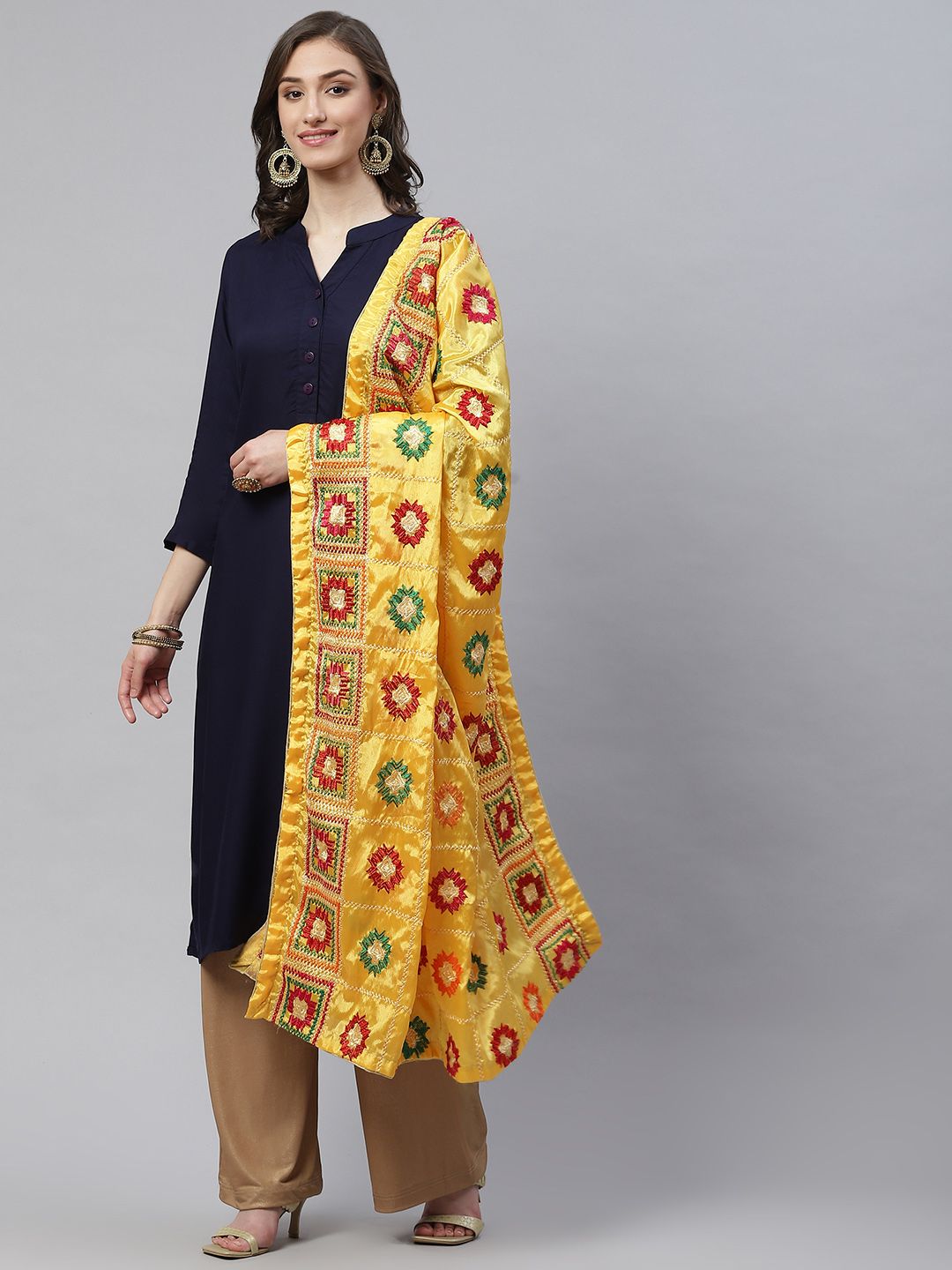 WEAVERS VILLA Yellow Ethnic Motifs Embroidered Dupatta Price in India