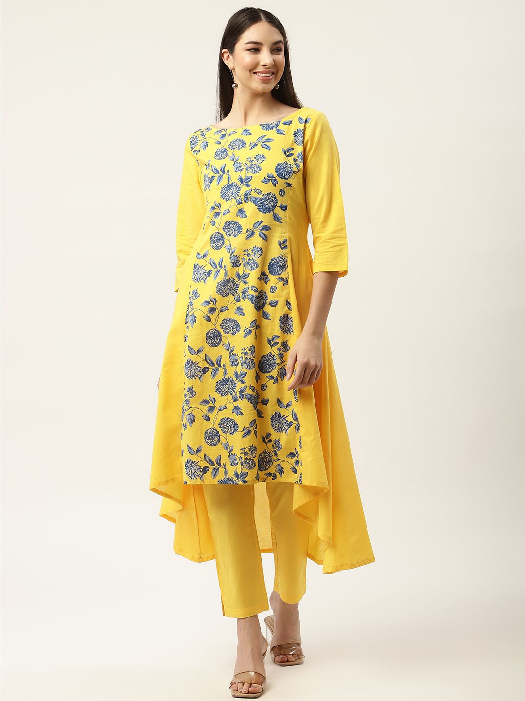 FABNEST Women Yellow Ethnic Motifs Printed Panelled Pure Cotton Kurta with Trousers Price in India