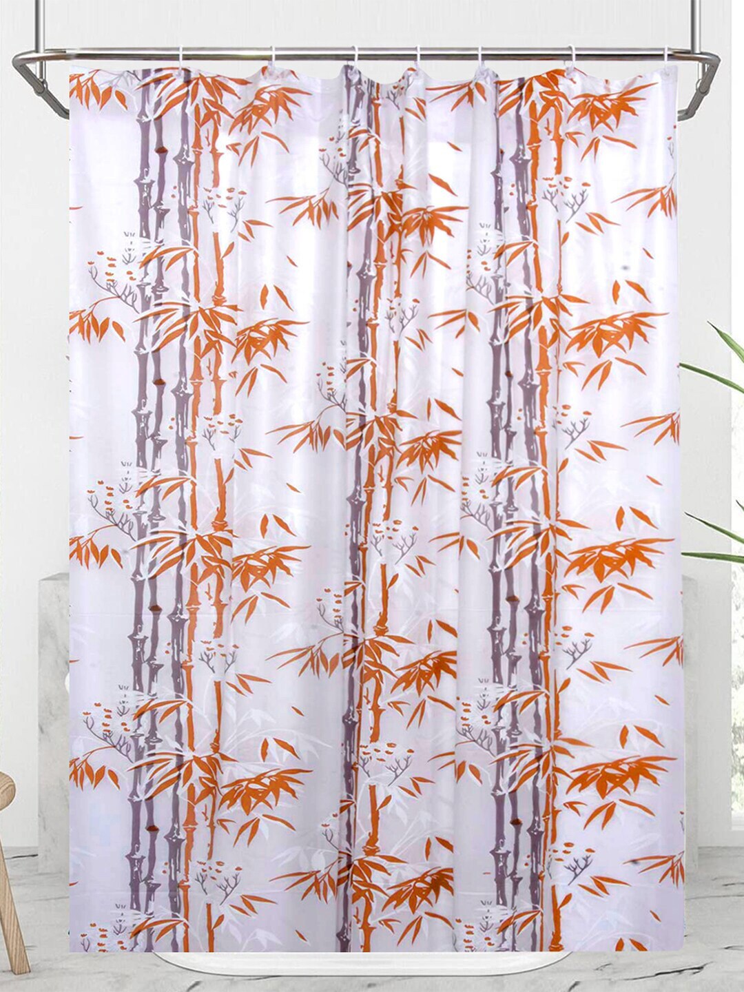 Kuber Industries Orange & White Bamboo Printed PVC Shower Curtain Price in India