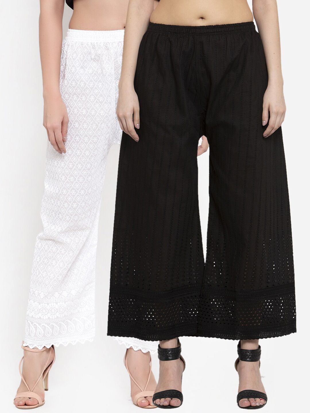 Miaz Lifestyle Women Black & White Pack Of 2 Embroidered Flared Palazzos