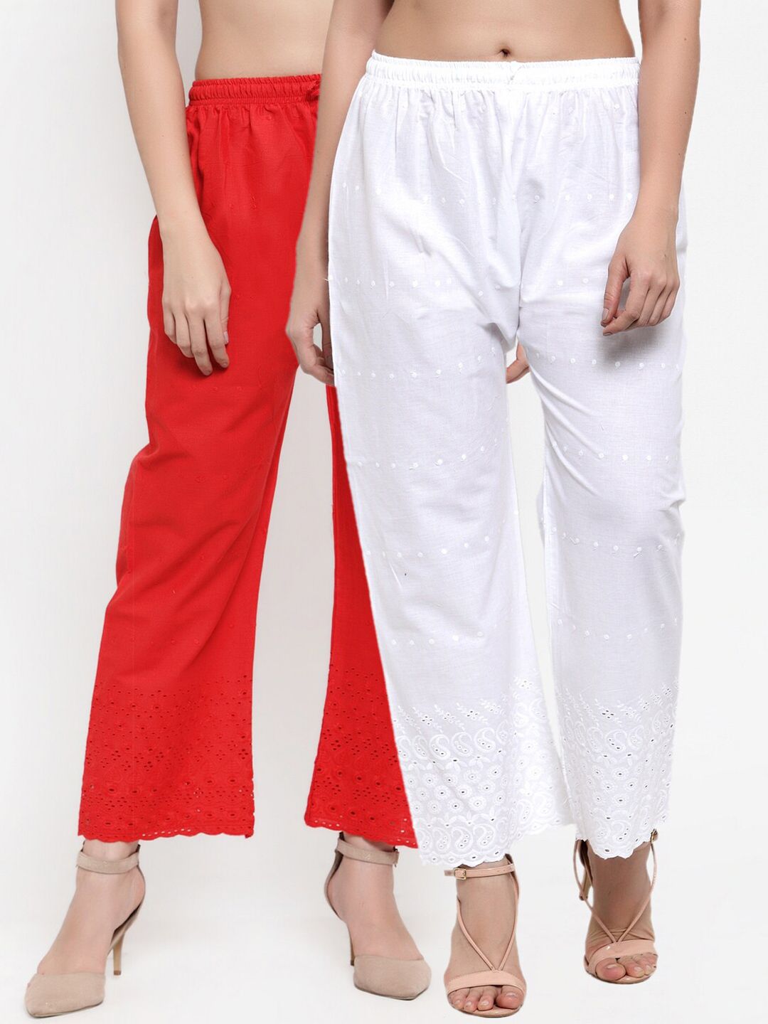 Miaz Lifestyle Women White & Red Pack Of 2 Embroidered Knitted Palazzos
