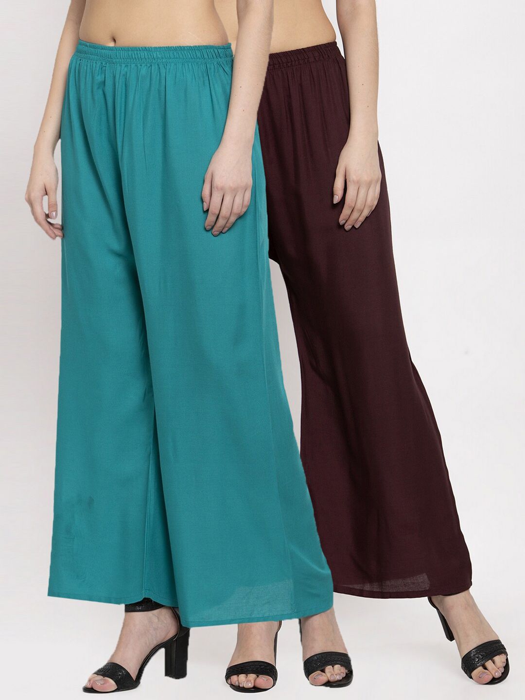 Miaz Lifestyle Women Brown & Turquoise Blue Set Of 2 Printed Palazzos