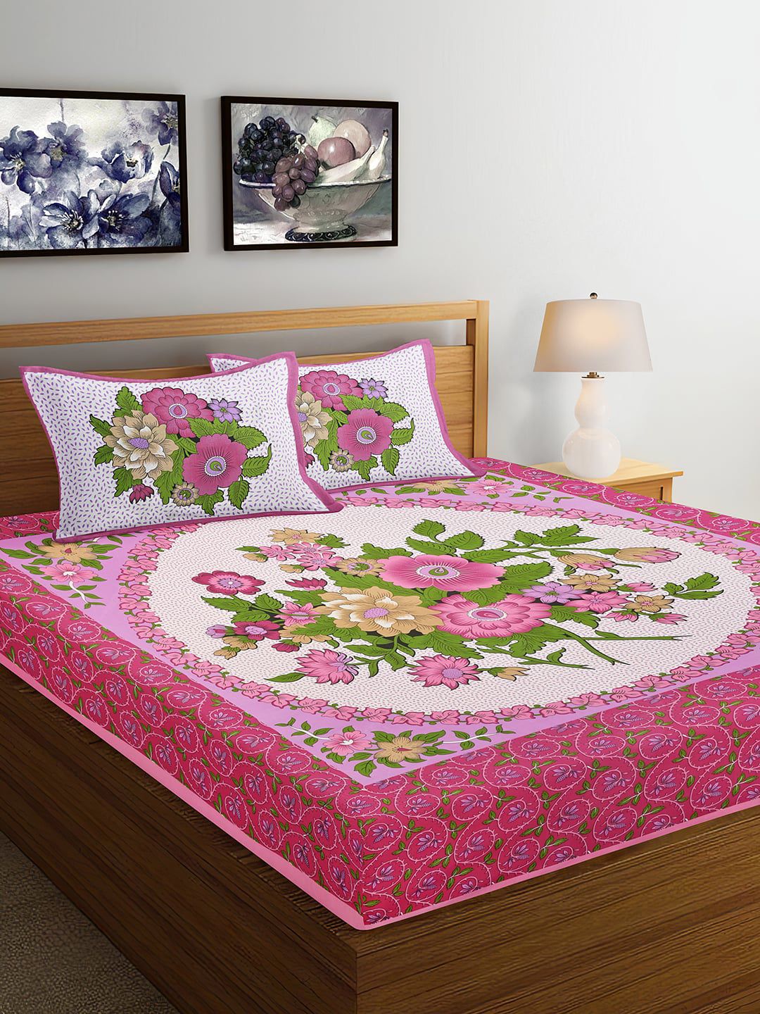 Ispace Pink AROMA 104 TC  Cotton Jaipuri Queen Bedsheet With 2 Pillow Covers Price in India