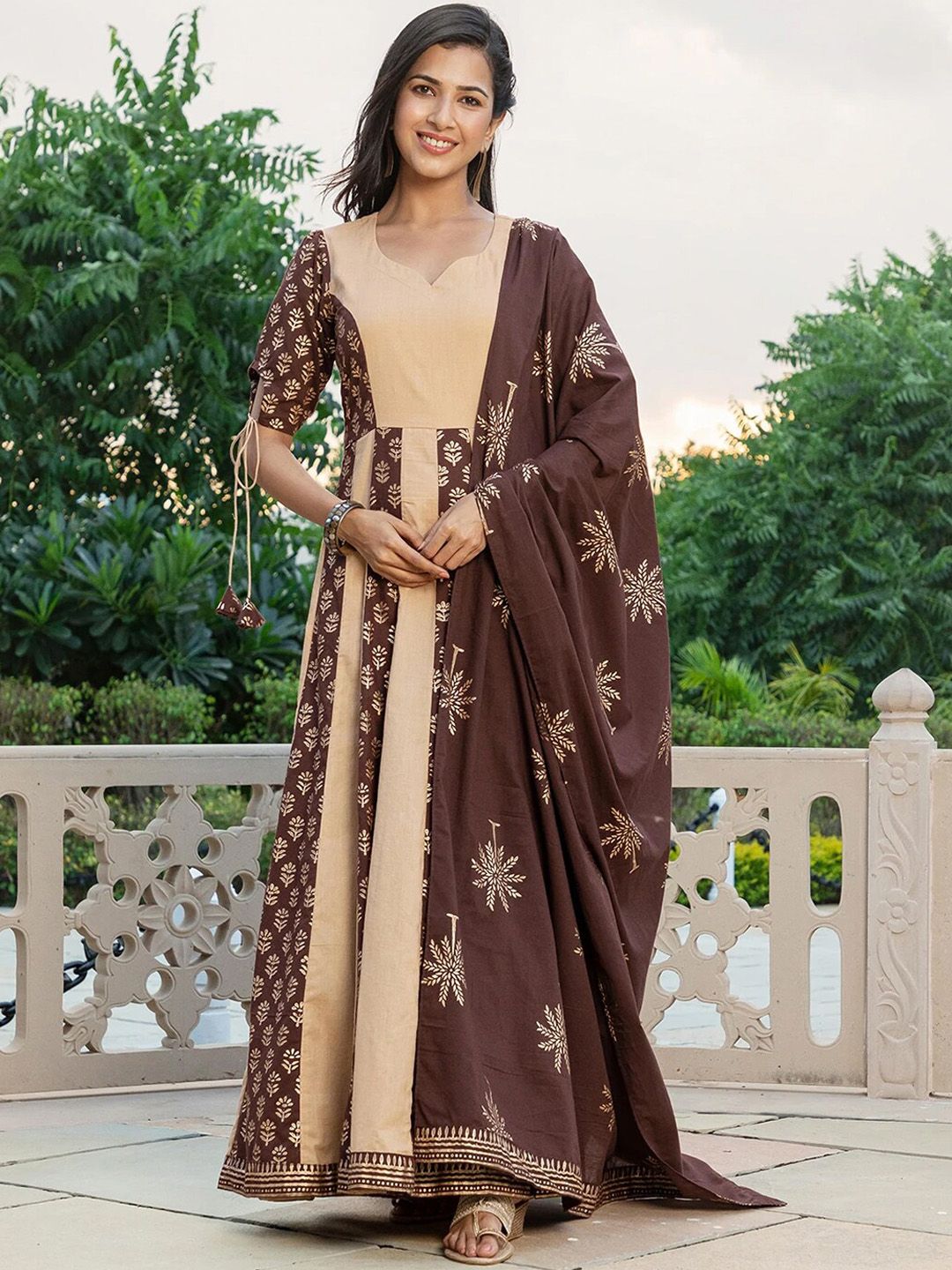 Ambraee Brown & Beige Ethnic Motifs Ethnic Maxi Dress Price in India