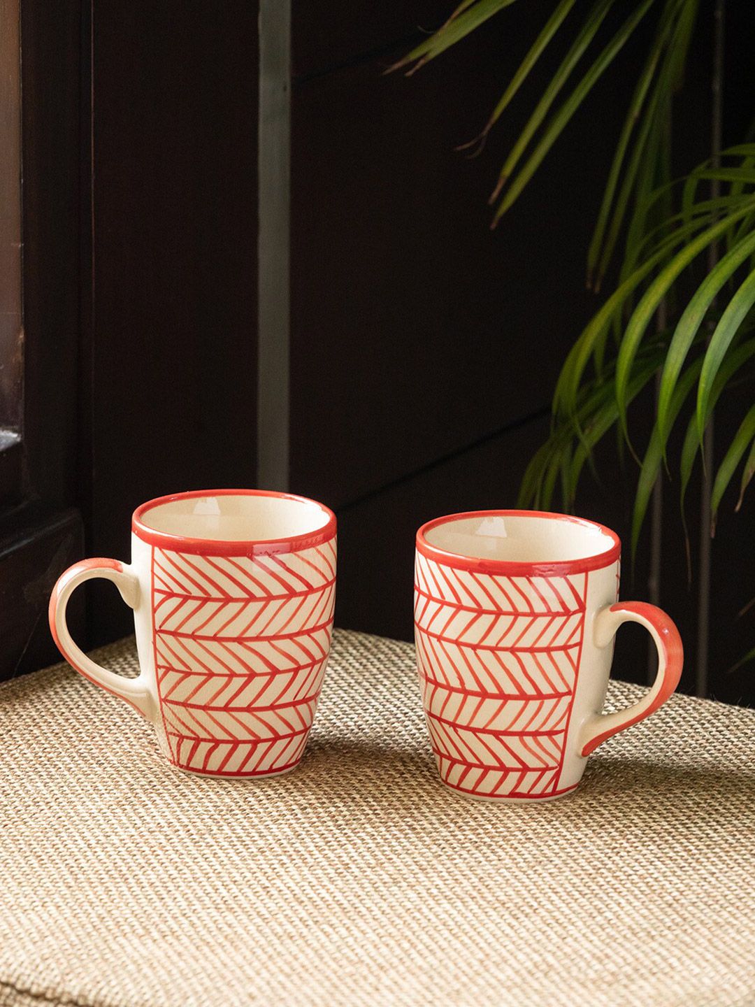 ExclusiveLane Red & Cream-Coloured Set of 2 Handcrafted and Hand Painted Printed Ceramic Glossy Mugs Set Price in India