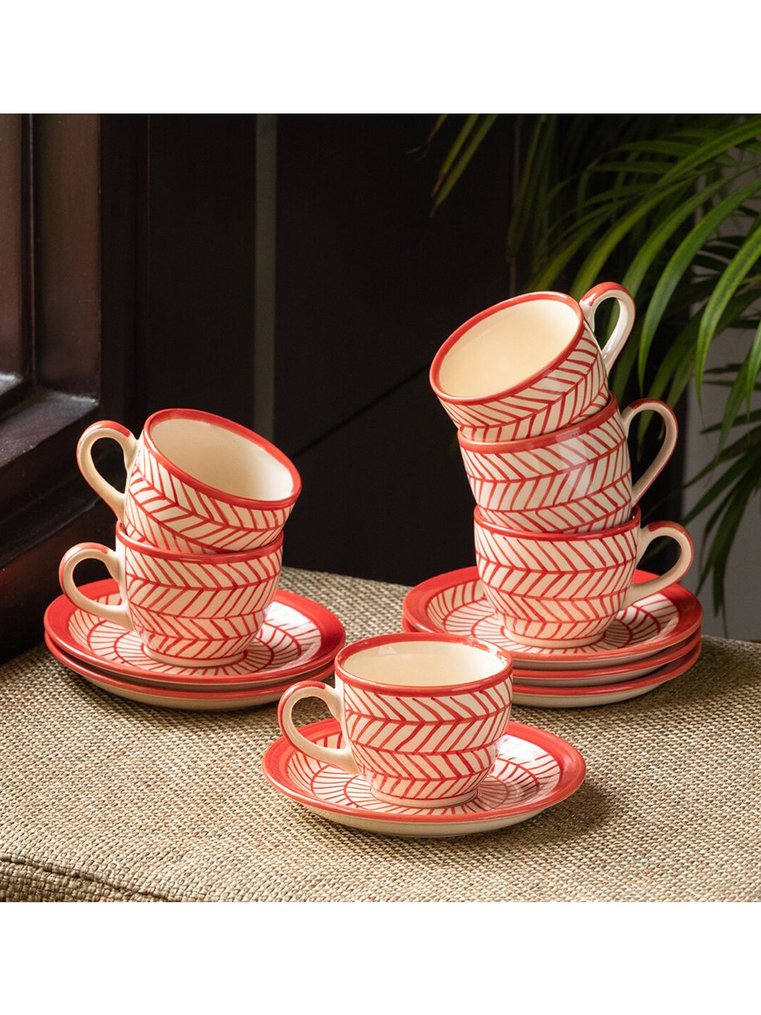ExclusiveLane Red & White Handcrafted and Hand Painted Printed Ceramic Glossy Cups and Saucers Set Price in India