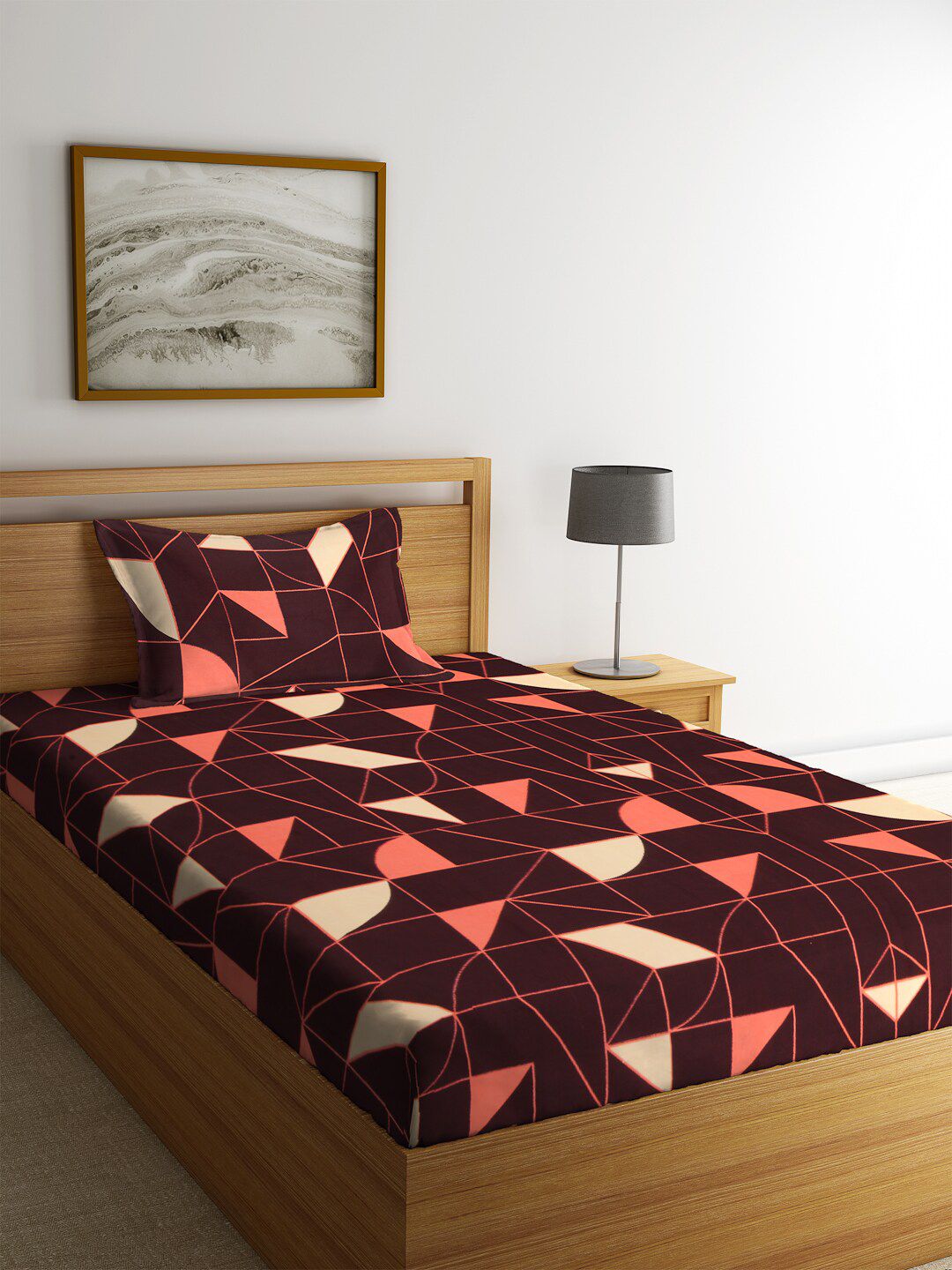 KLOTTHE Maroon & Peach-Coloured Geometric 300 TC Single Bedsheet with 1 Pillow Covers Price in India
