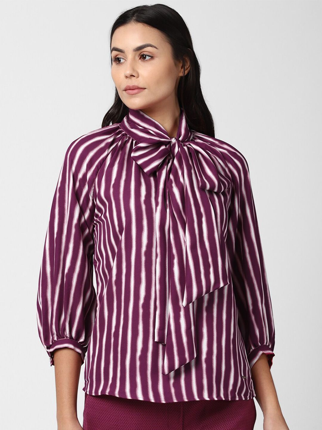 Van Heusen Woman Purple & pansy purple Striped Tie-Up Neck Shirt Style Top Price in India