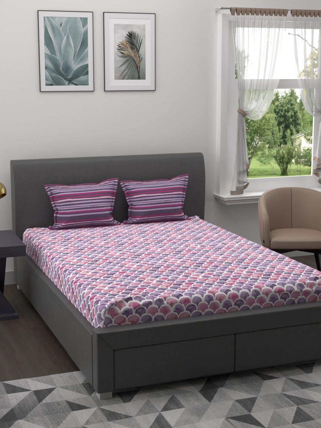 BIANCA Pink & Purple Geometric 144 TC Queen Bedsheet with 2 Pillow Covers Price in India