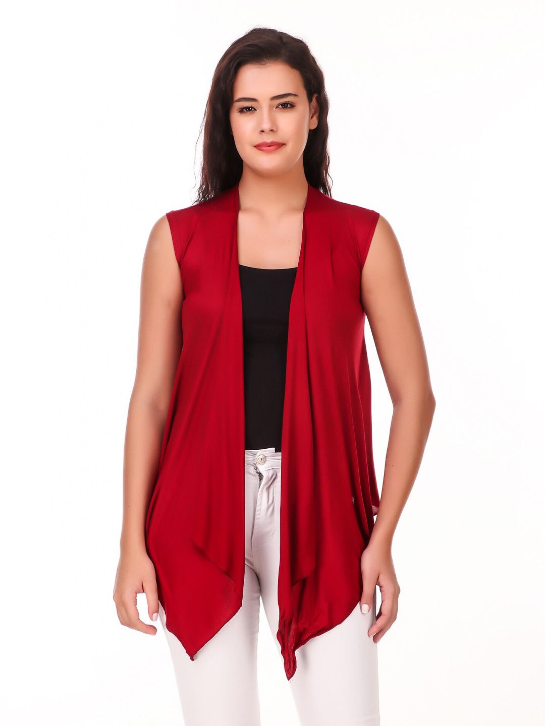 Aadya Fashion Women Maroon High-Low Sleeveless Shrug Price in India