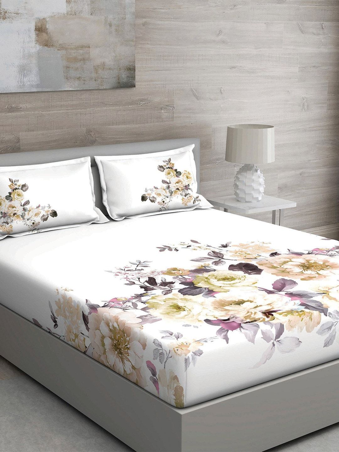 GM White & Grey 150 TC Queen Floral Cotton Bedsheet with 2 Pillow Covers Price in India