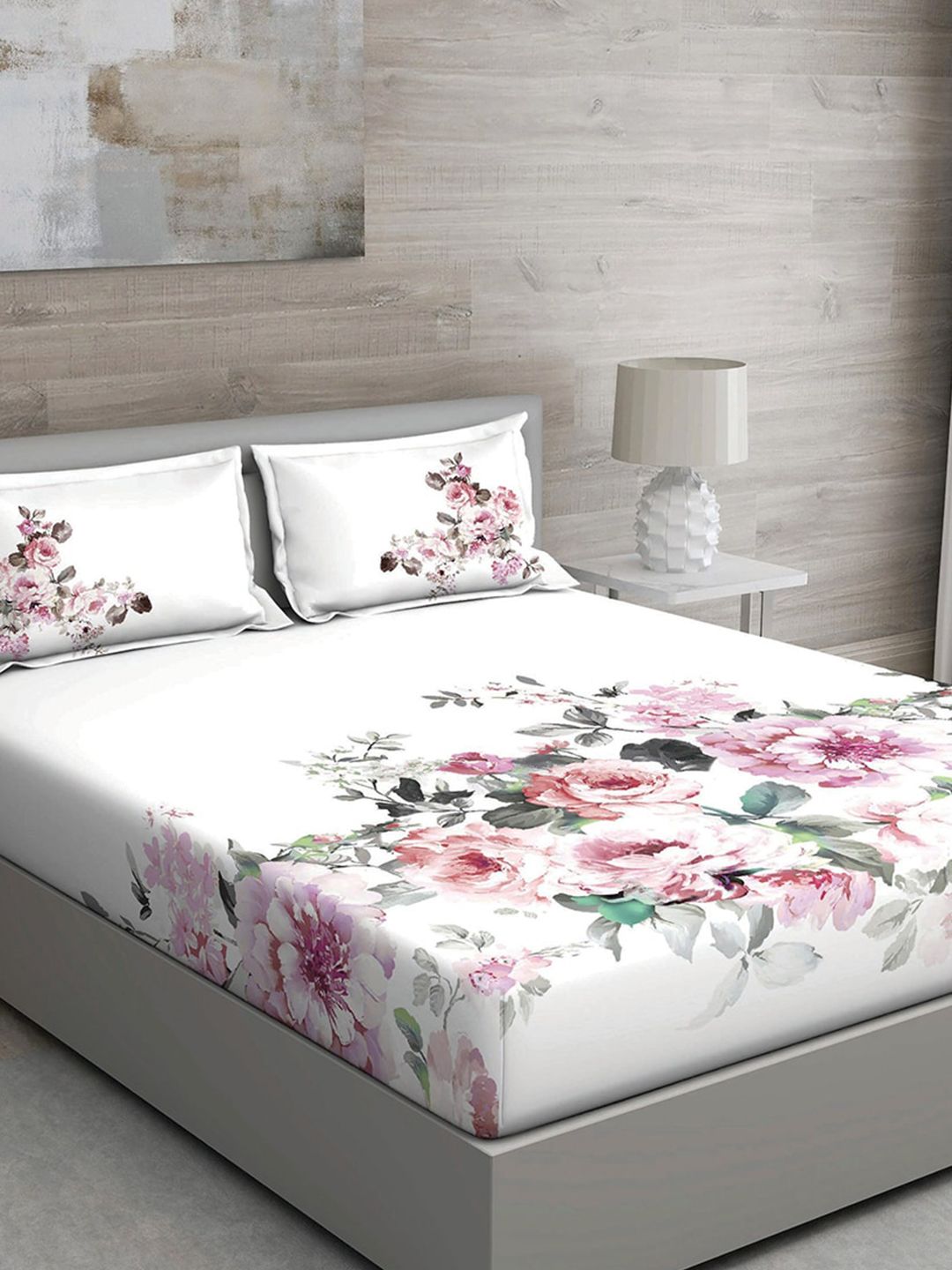 GM White & Pink Floral 150 TC Queen Bedsheet with 2 Pillow Covers Price in India