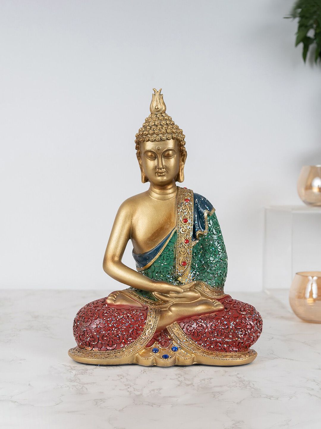 HomeTown Green & Gold-Toned Meditation Buddha Showpiece Price in India