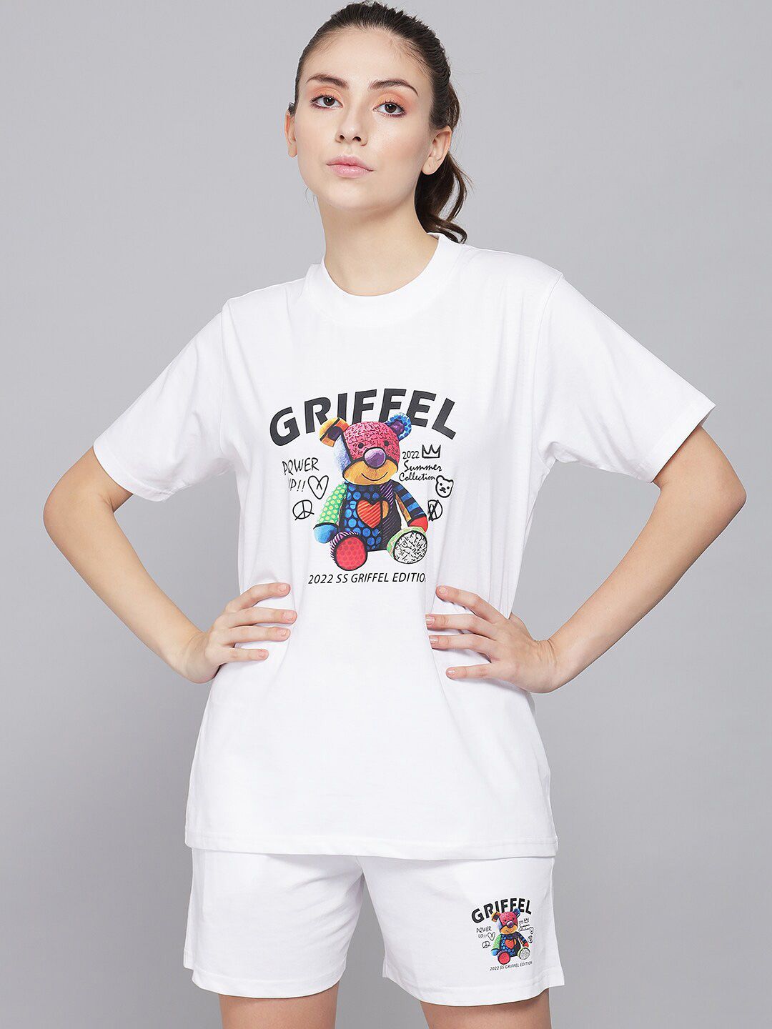GRIFFEL Women White Printed Pure Cotton T-shirt with Shorts
