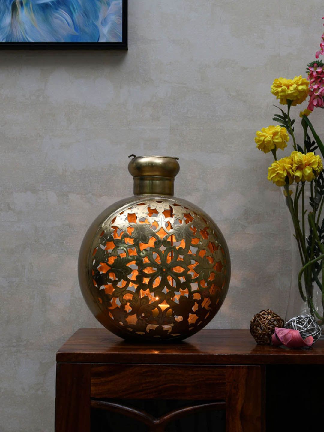 Athome by Nilkamal Gold Toned Round T-Lite Jali Flower Vases Price in India