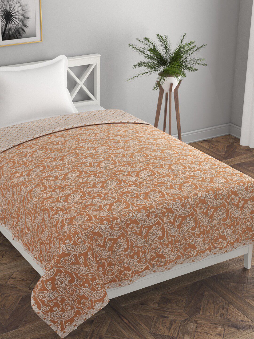 Florida Orange & Beige 120 GSM Single Bed Floral AC Room Cotton Reversible Dohar Price in India