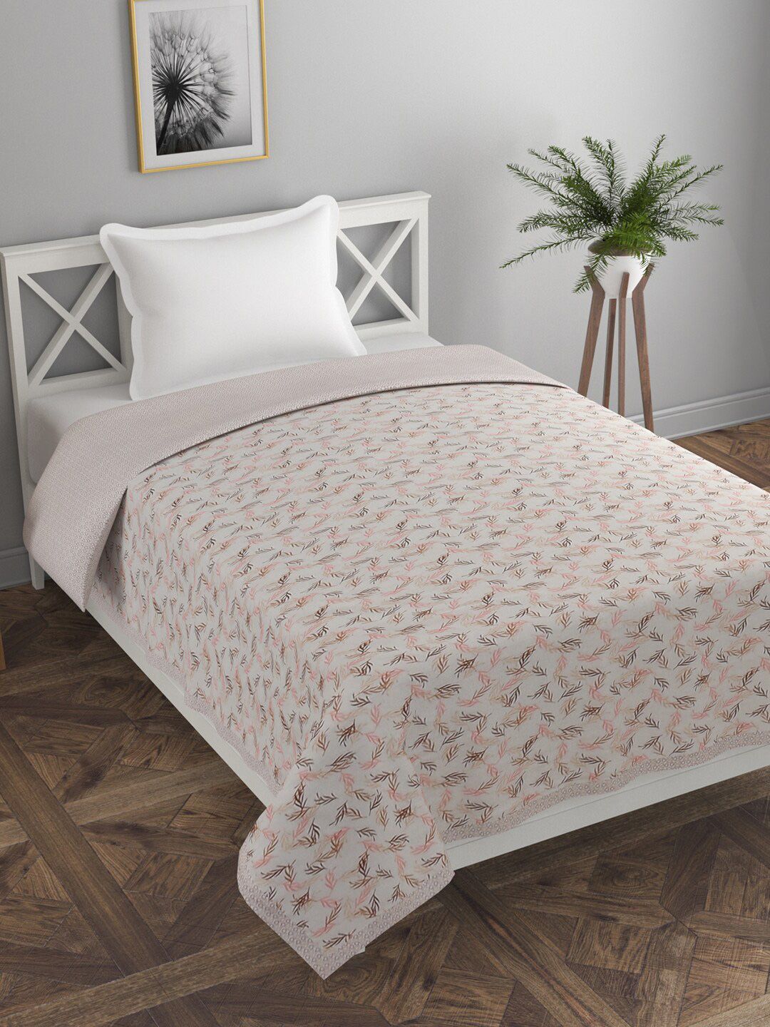 Florida Beige & Pink Floral 120 GSM 220x240CM Pure Cotton Reversible Single Bed Dohar Price in India