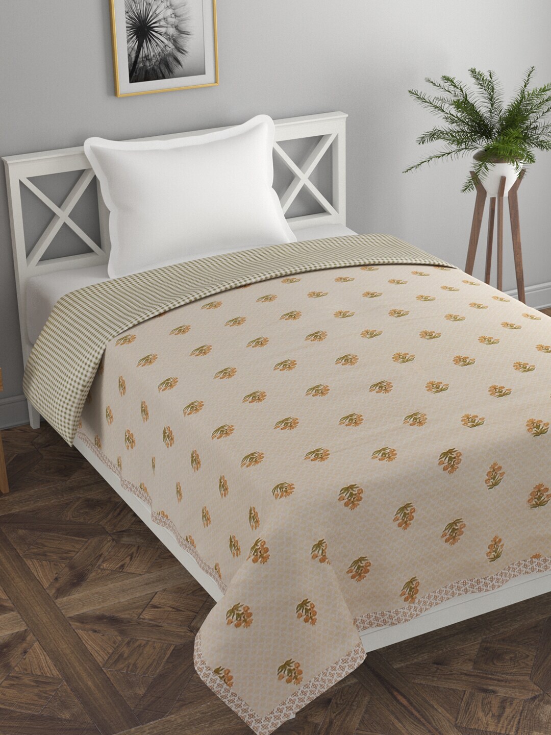 Florida Orange & Beige 120 GSM Single Bed Floral AC Room Cotton Reversible Dohar Price in India