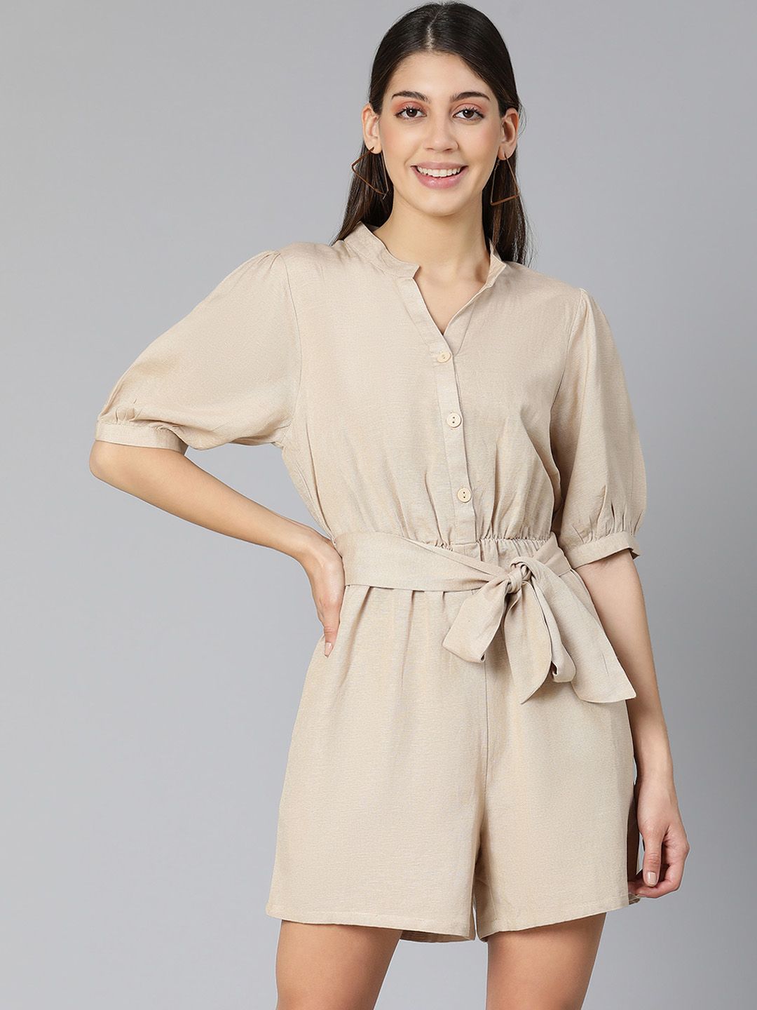 Oxolloxo Women Beige Solid Cotton Playsuit Price in India