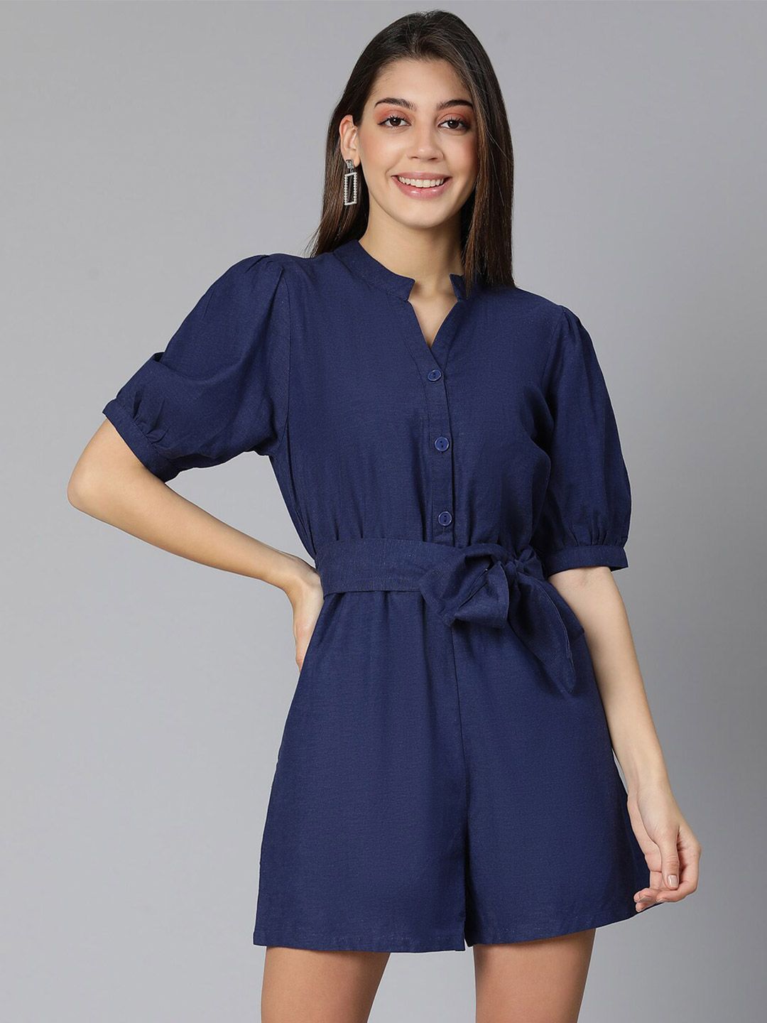 Oxolloxo Navy Blue Linen Blend Playsuit Price in India