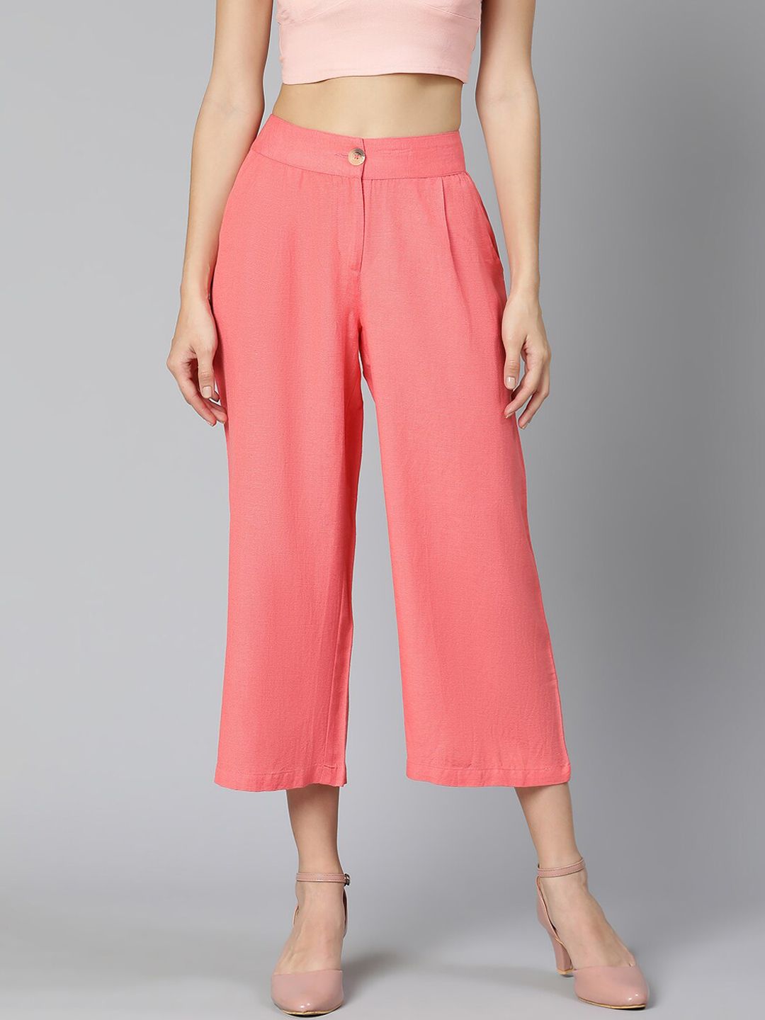 Oxolloxo Women Coral Flared Pleated Mid- Rise Culottes Trousers Price in India