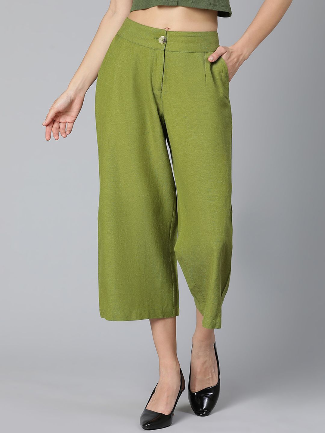 Oxolloxo Women Olive Green Mid-Rise Flared Culottes Trousers Price in India