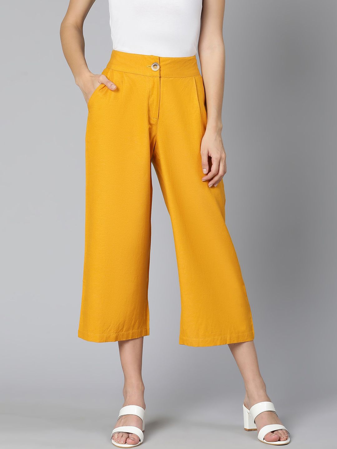 Oxolloxo Women Mustard Yellow Culottes Trousers Price in India