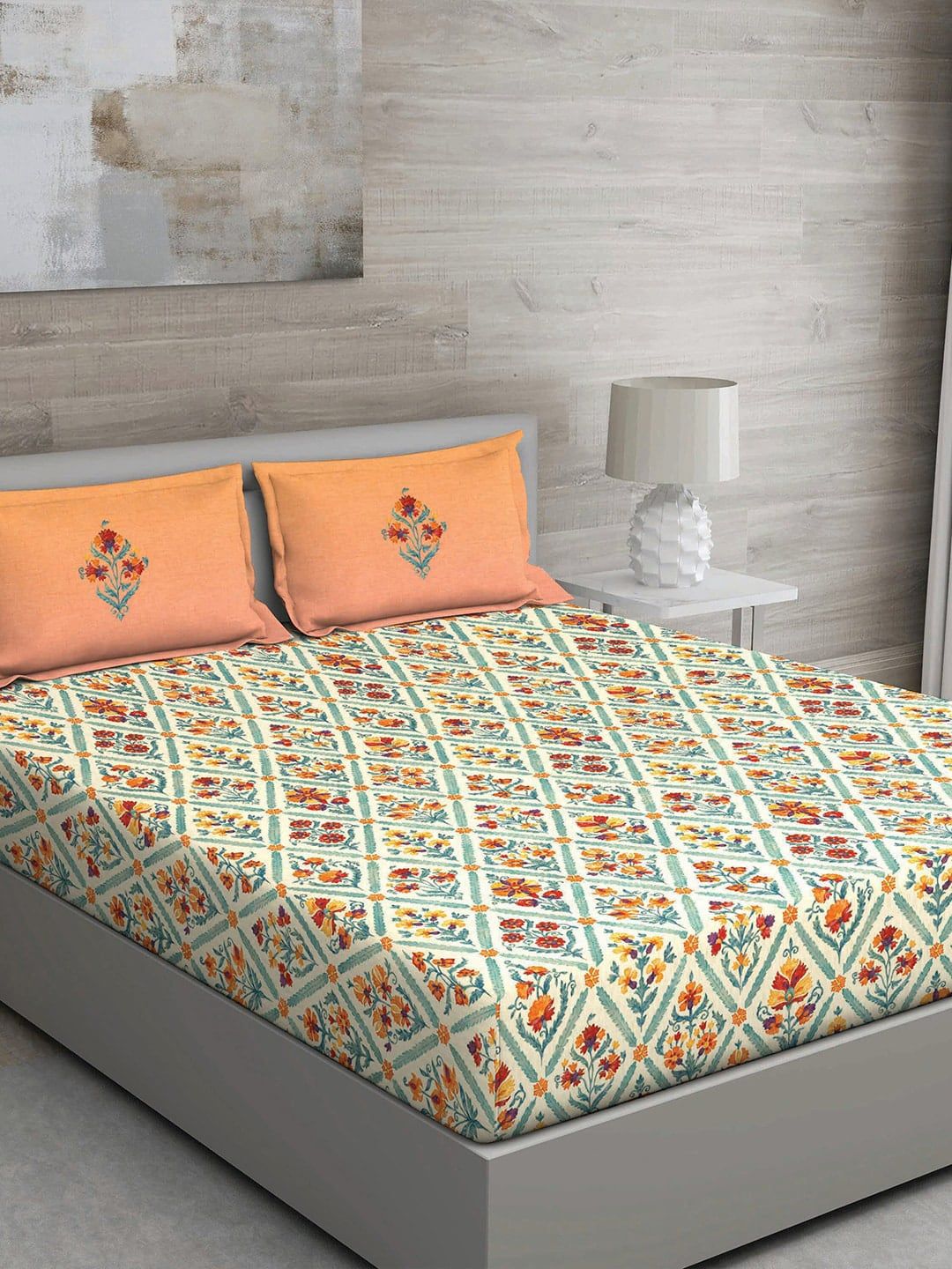 GM Orange & Green Ethnic Motifs 144 TC Cotton Queen Bedsheet with 2 Pillow Covers Price in India