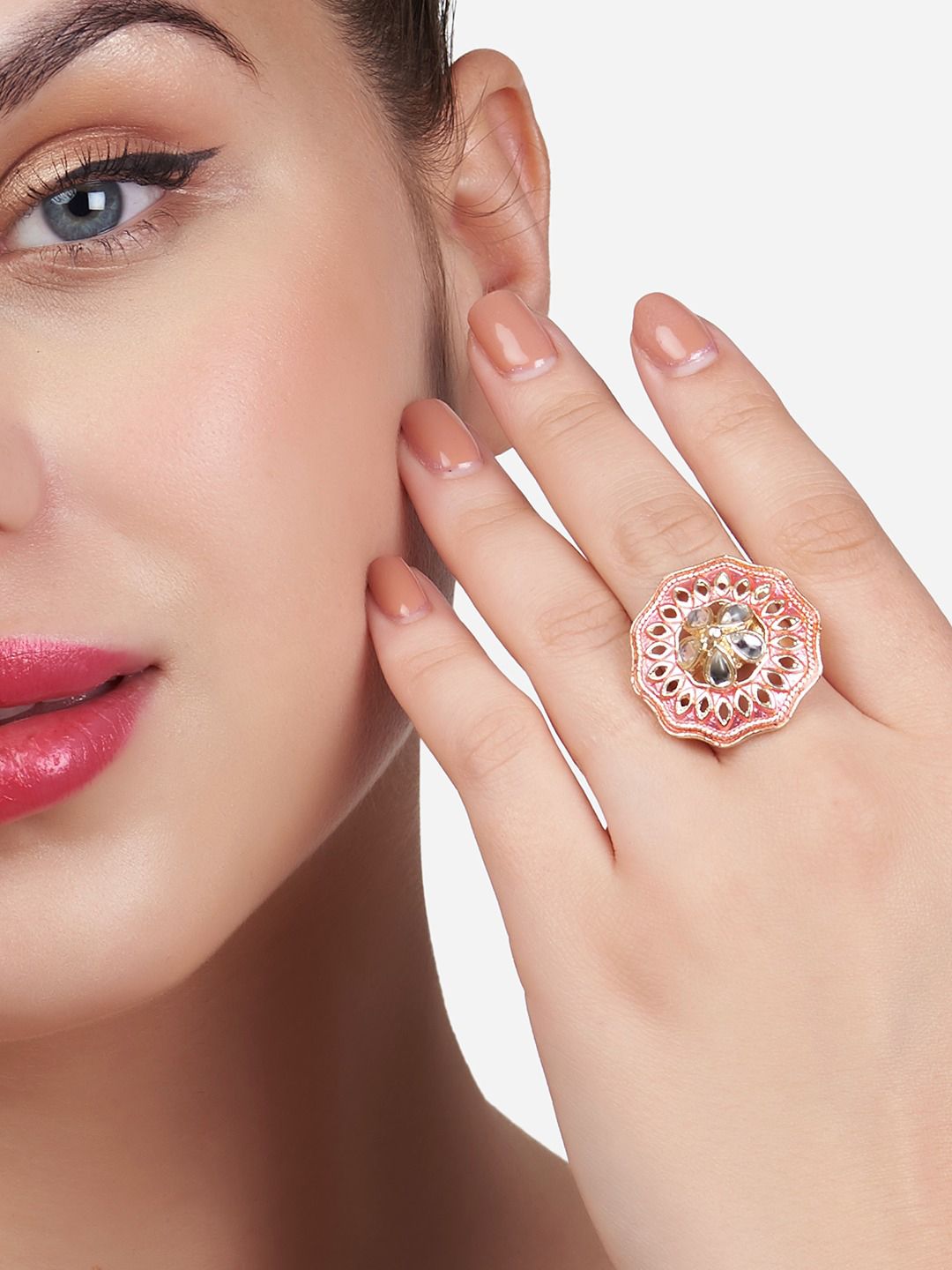 Zaveri Pearls Gold-Plated Pink & White Stone-Studded Meenakari Adjustable Finger Ring Price in India
