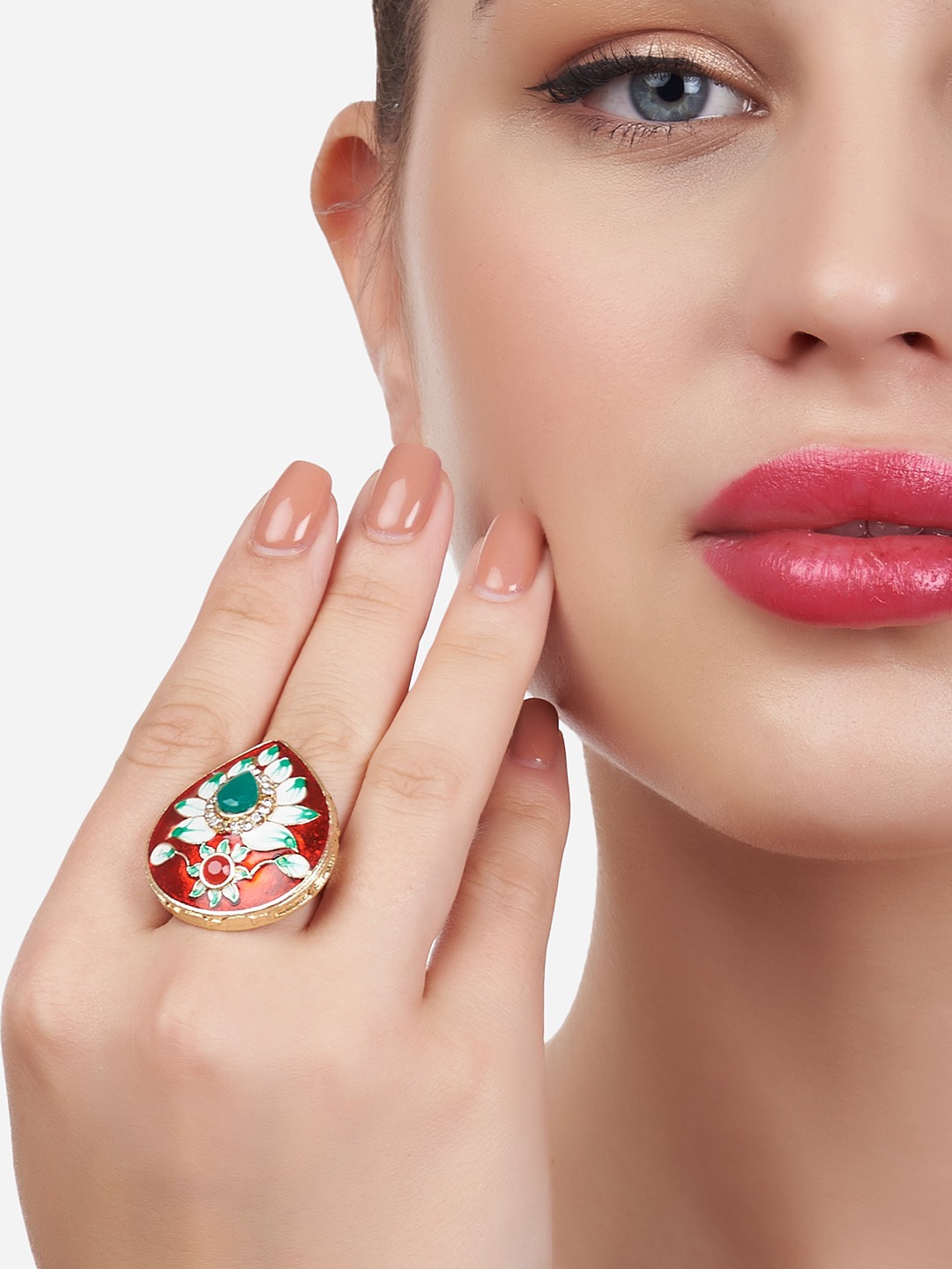 Zaveri Pearls Gold-Plated Red & Green Stone-Studded Meenakari Finger Ring Price in India