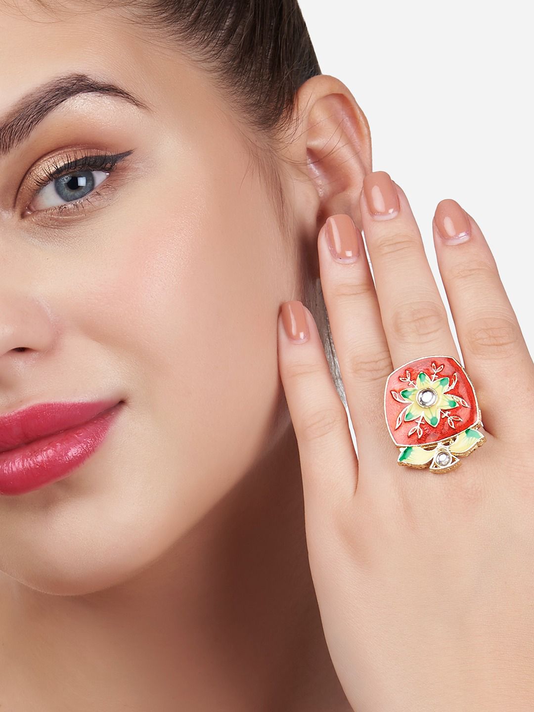 Zaveri Pearls Red & Gold-Plated Kundan Stone-Studded Floral Finger Ring Price in India