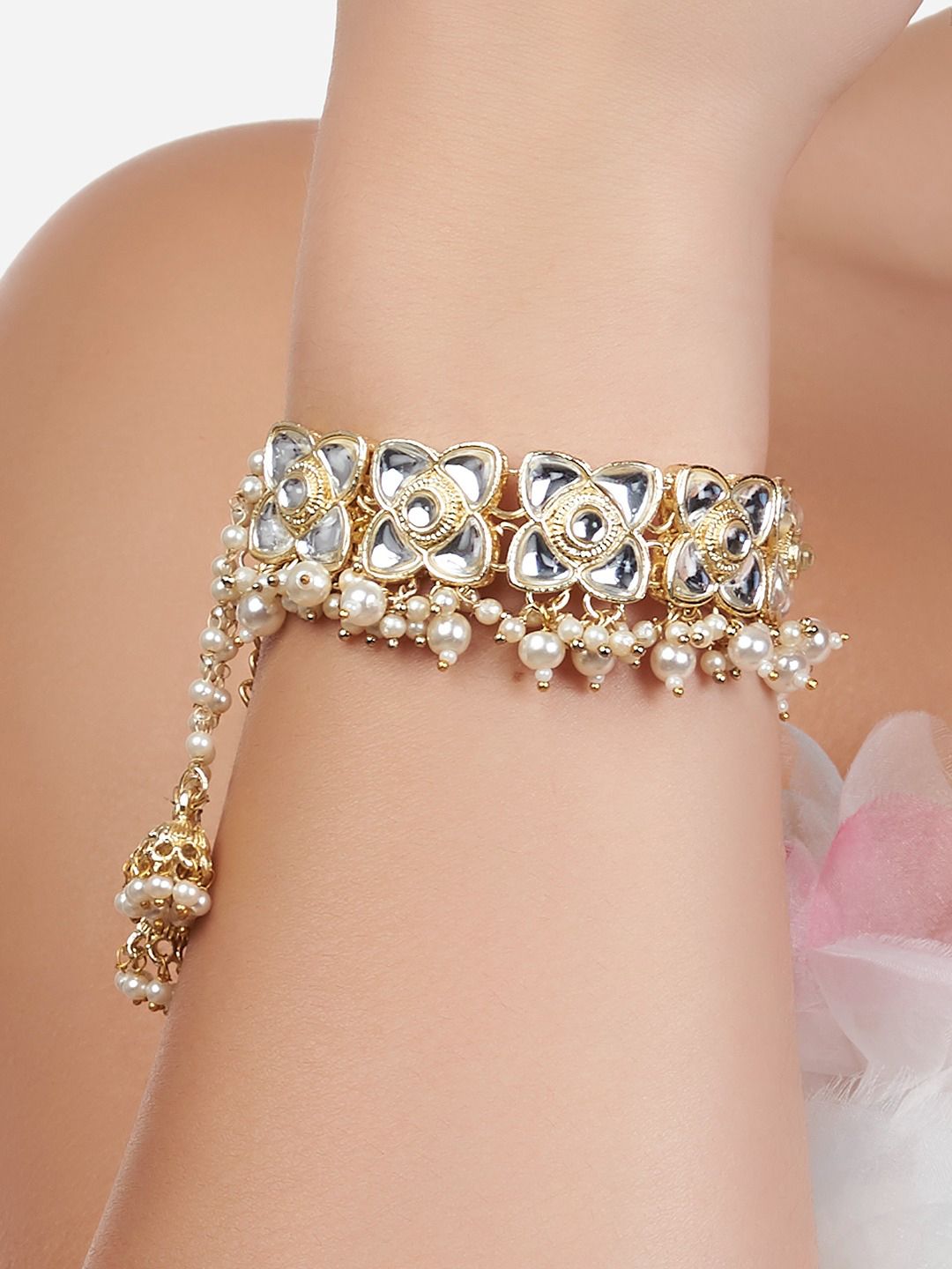Zaveri Pearls Women White Kundan Gold-Plated Wraparound Bracelet Price in India