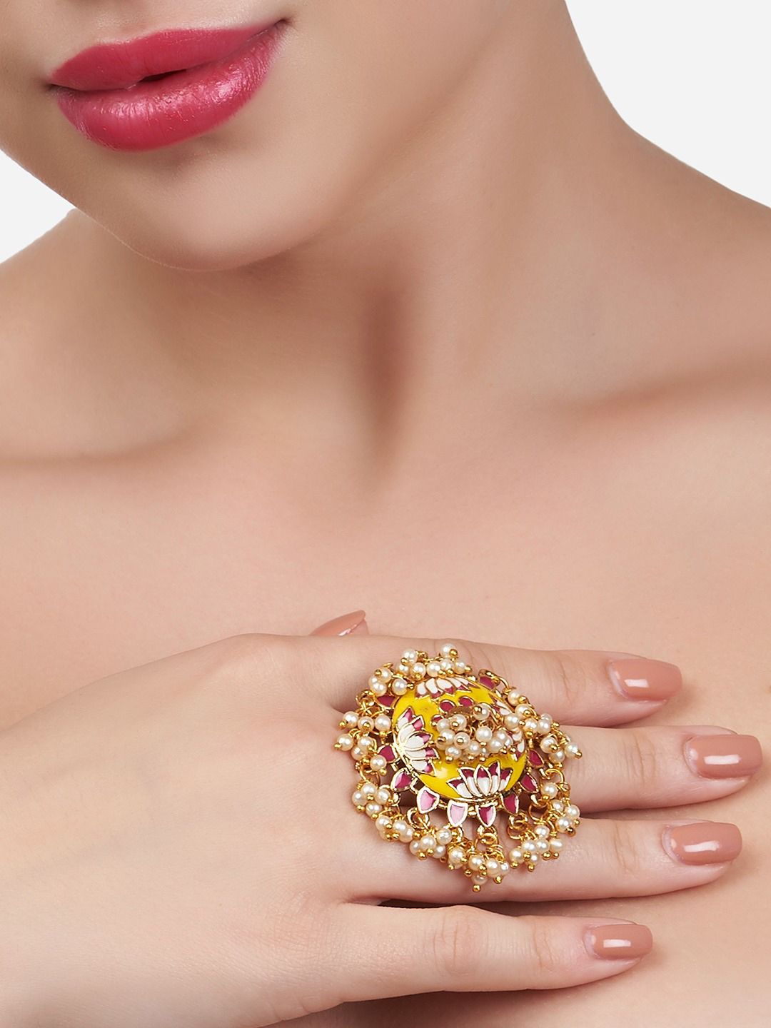 Zaveri Pearls Gold-Plated Yellow & Pink Meenakari Lotus Design Cluster Pearls Ring Price in India