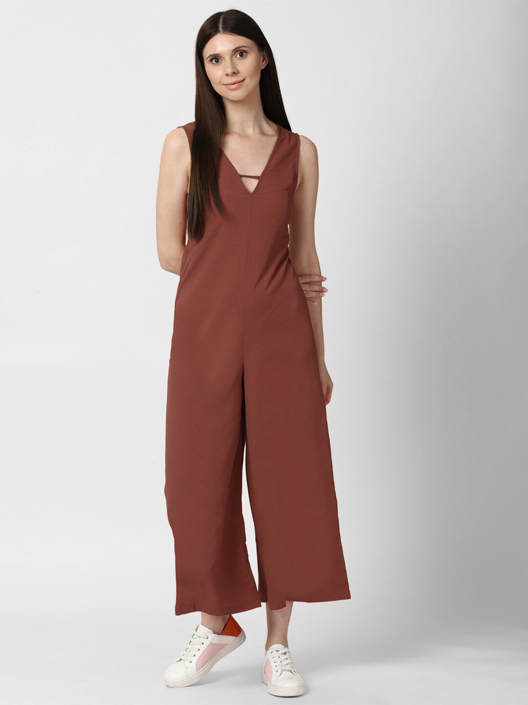 FOREVER 21 Brown Solid Basic Jumpsuit Price in India
