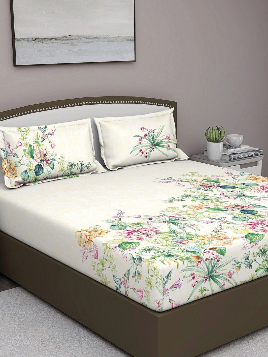 GM Cream-Coloured & Green Floral 180 TC Queen Bedsheet with 2 Pillow Covers Price in India