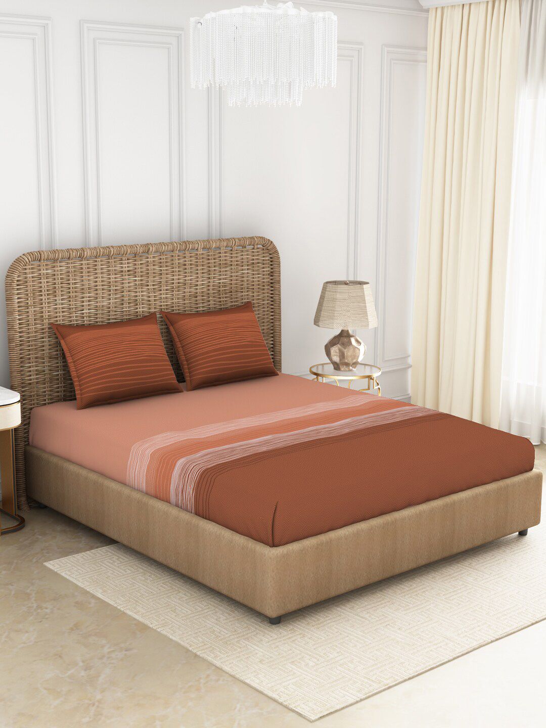 SPACES Dark Orange & Brown Striped 144 TC King Bedsheet with 2 Pillow Covers Price in India