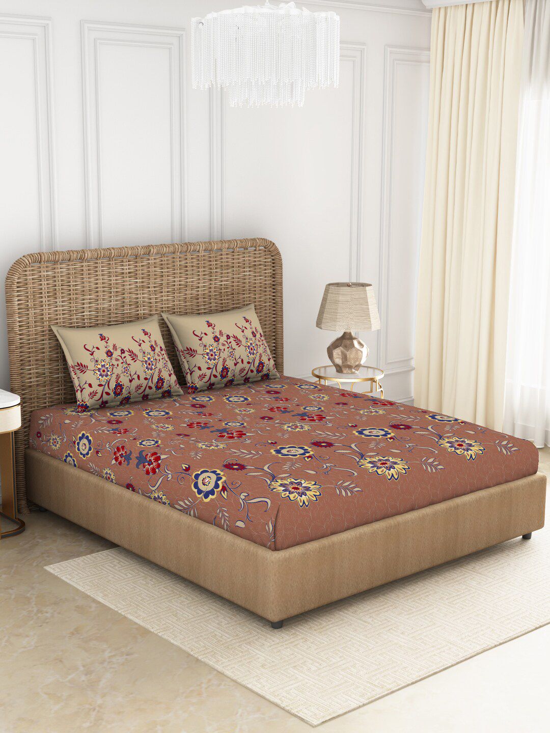 SPACES Brown & Navy Blue Floral 144 TC King Bedsheet with 2 Pillow Covers Price in India