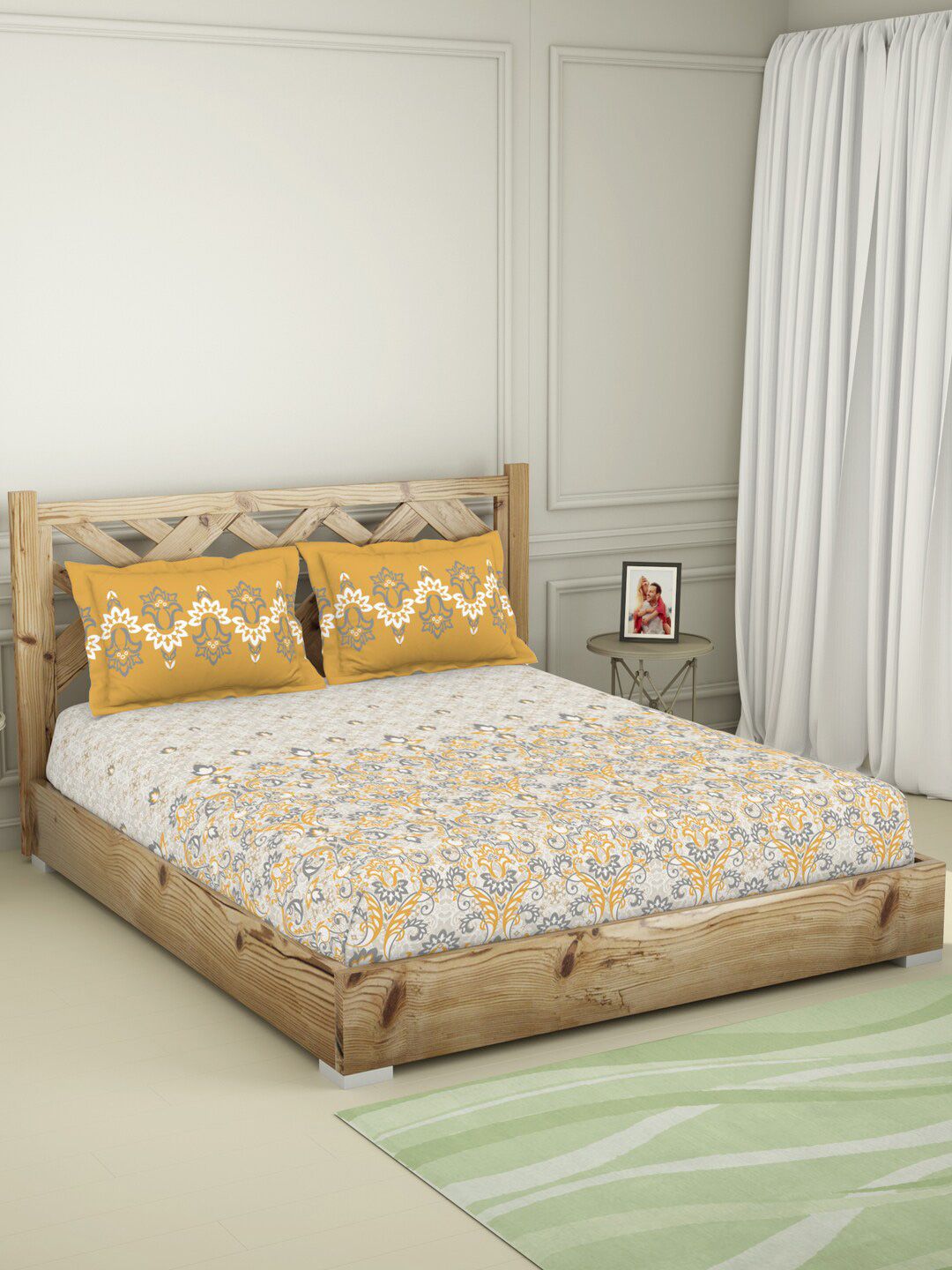 SPACES Yellow & Grey BLOCKBUSTER PLUS 210 TC Queen Cotton Bedsheet with 2 Pillow Covers Price in India