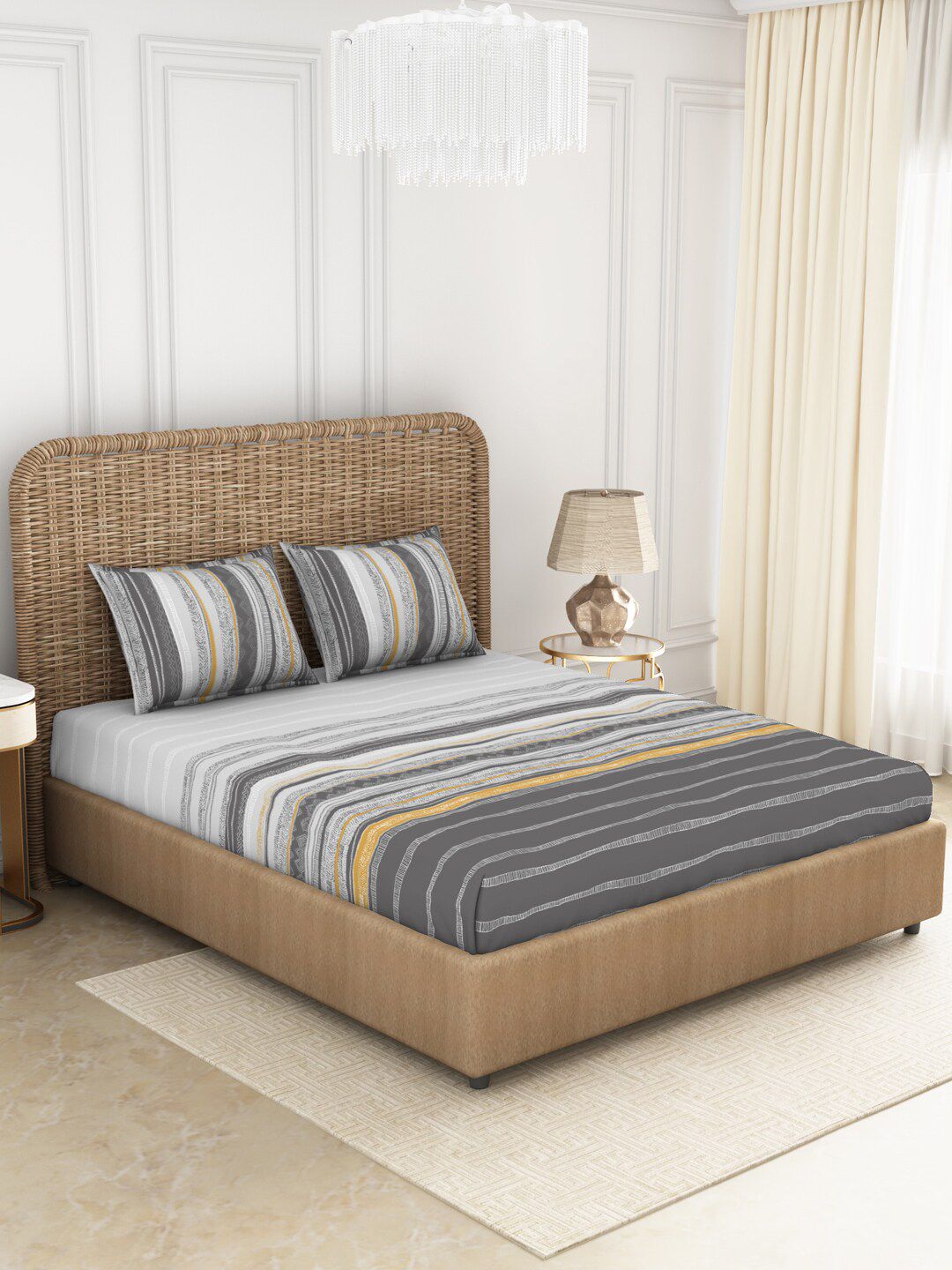 SPACES Grey & Mustard ADONIA Striped 144 TC Queen Cotton Bedsheet with 2 Pillow Covers Price in India