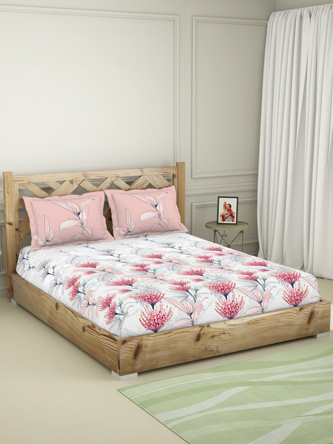 SPACES Pink & White Floral 210 TC Queen Bedsheet with 2 Pillow Covers Price in India