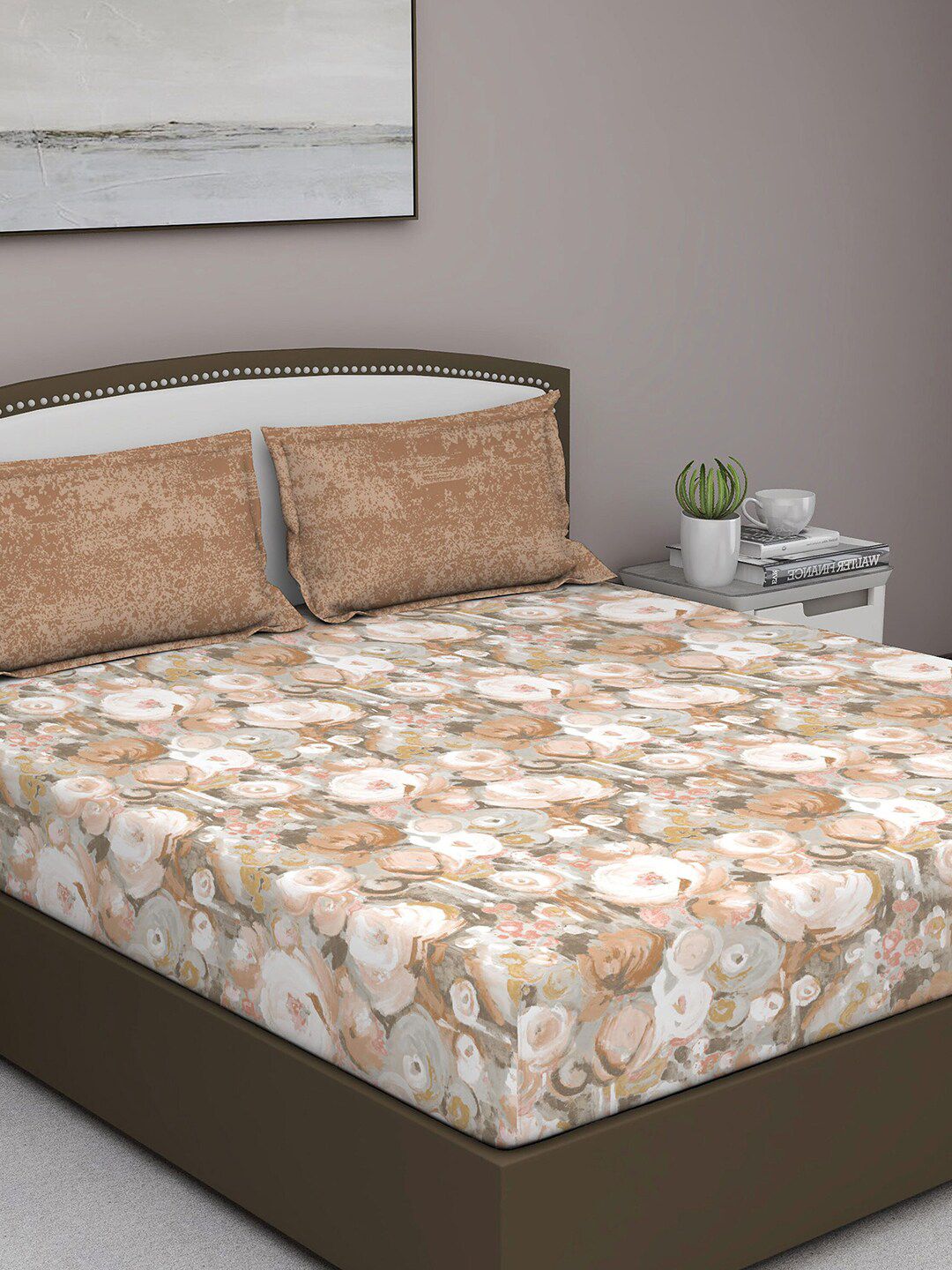 GM Beige & Brown 400 TC Queen Bedsheet with 2 Pillow Covers Price in India