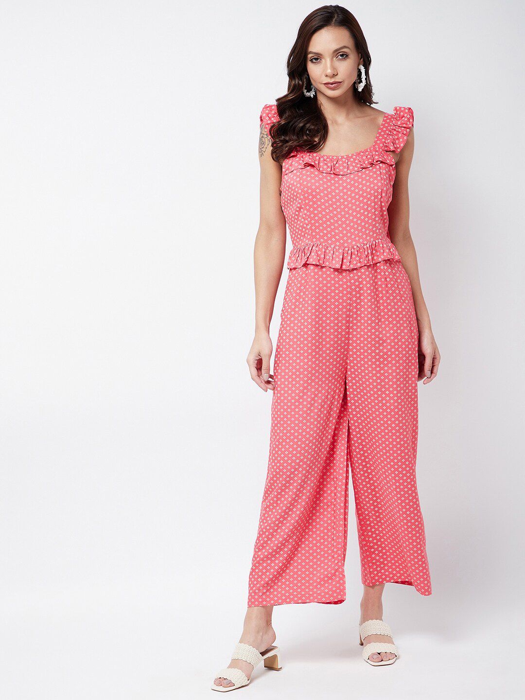 MAGRE Pink & Off White Printed Basic Jumpsuit with Ruffles Price in India