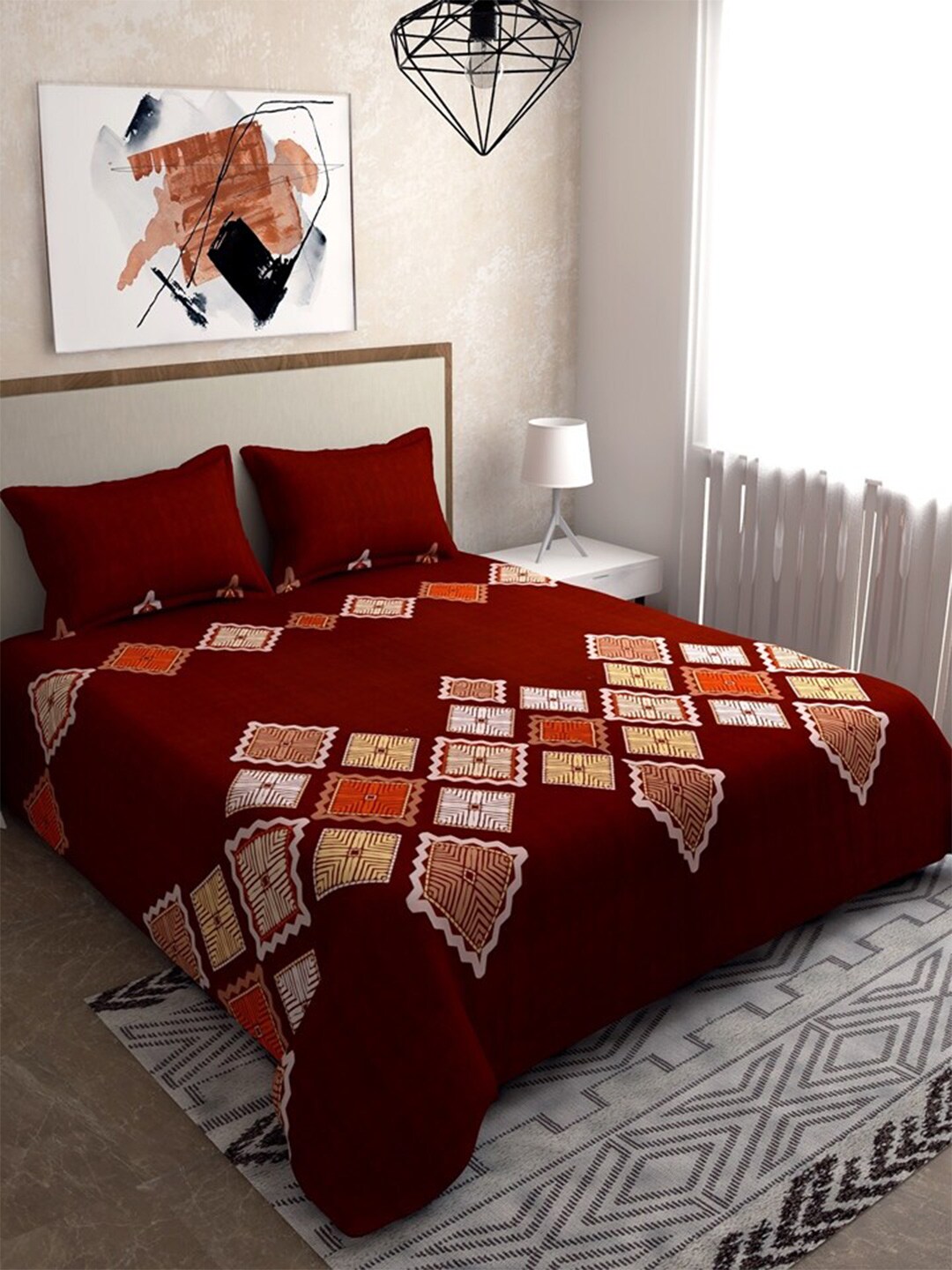 Salona Bichona Maroon & White 120 TC Queen Bedsheet with 2 Pillow Covers Price in India