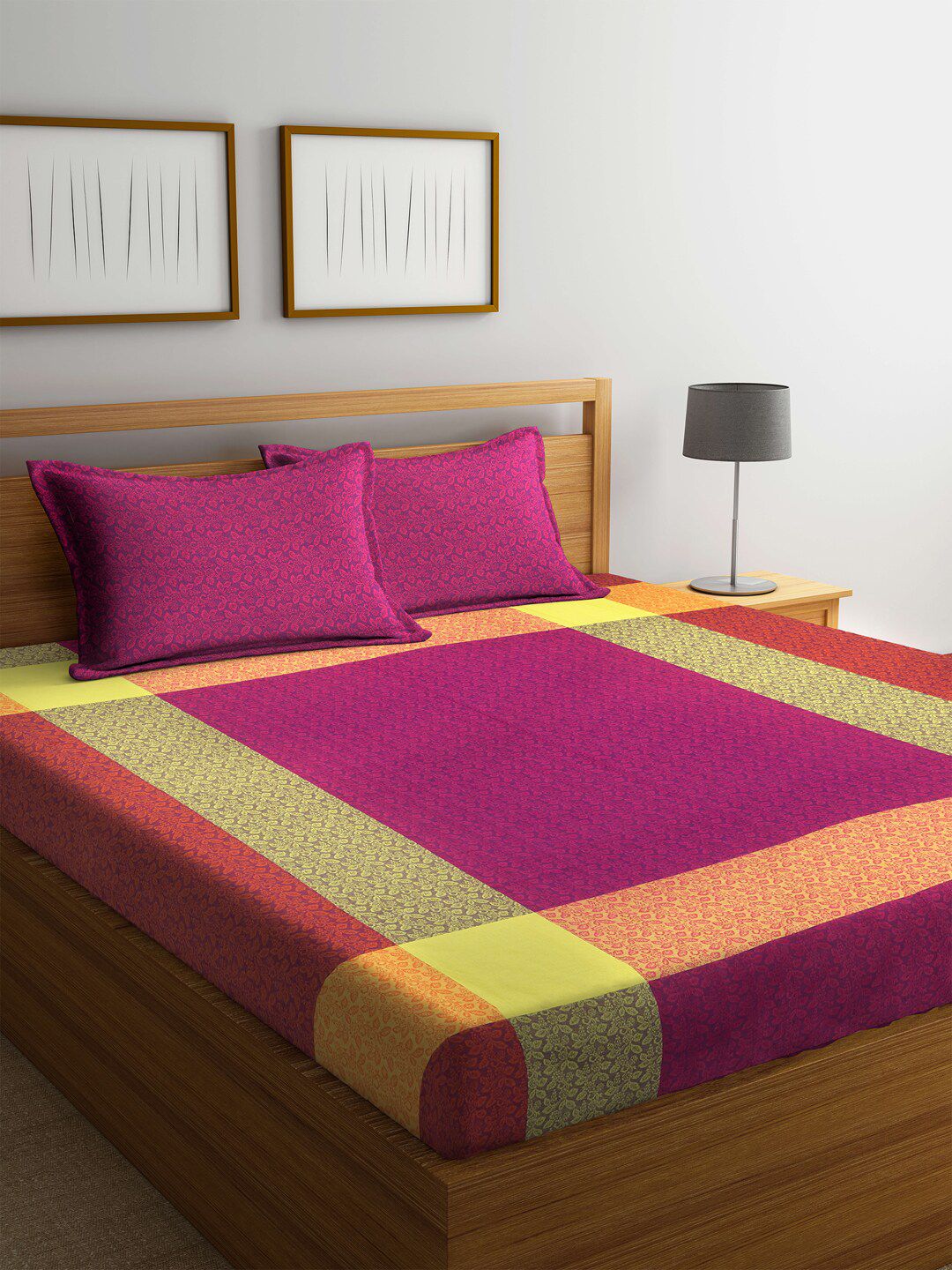 Arrabi Magenta & Orange Floral 300 TC King Bedsheet with 2 Pillow Covers Price in India