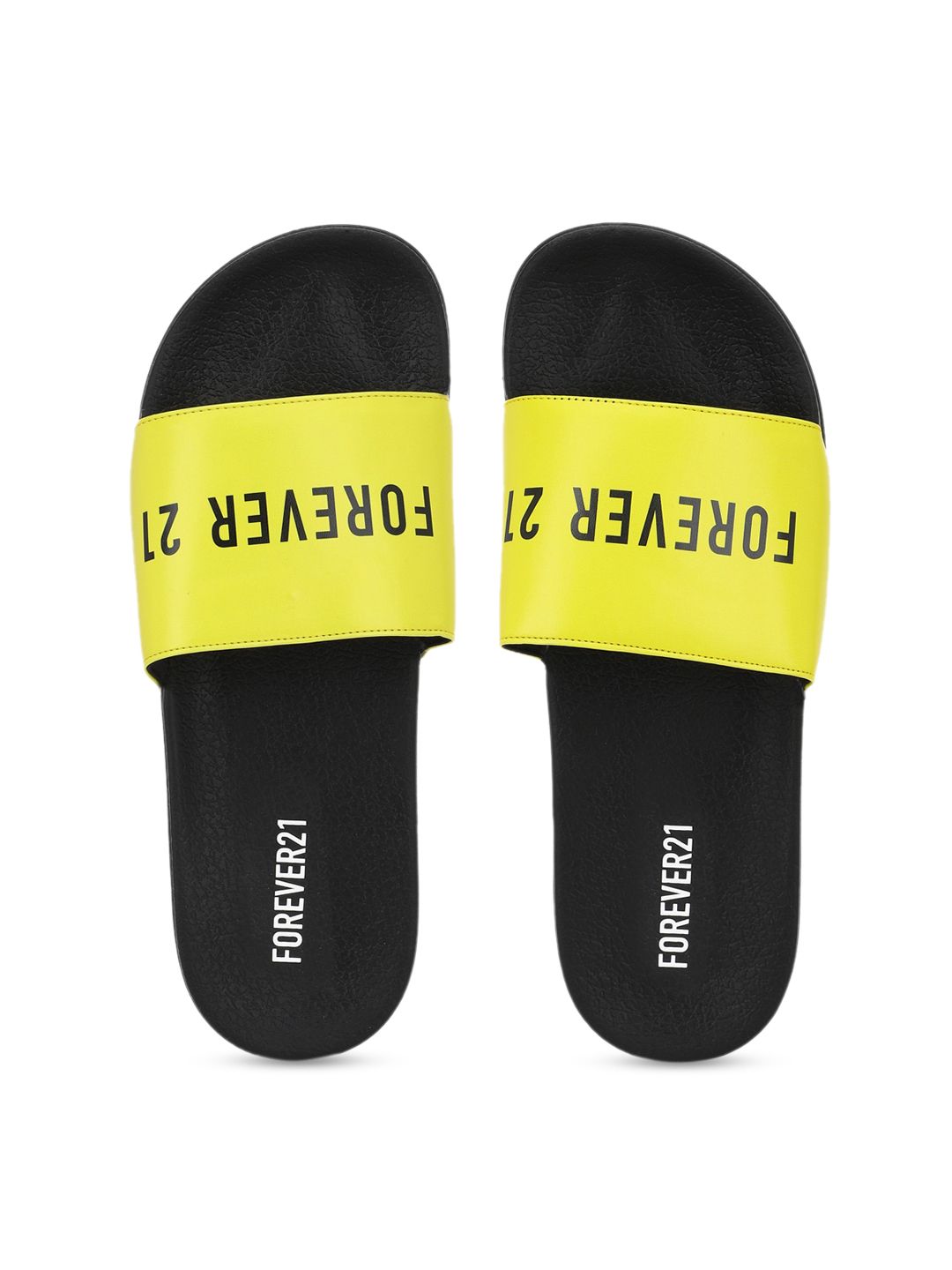 FOREVER 21 Women Yellow & Black Printed Sliders Price in India