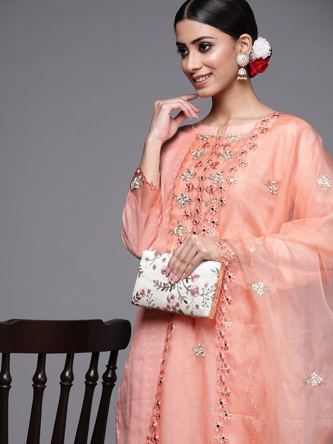 Indo Era Women Peach-Coloured Floral Embroidered Mirror Work Kurta with Trousers & Dupatta Price in India