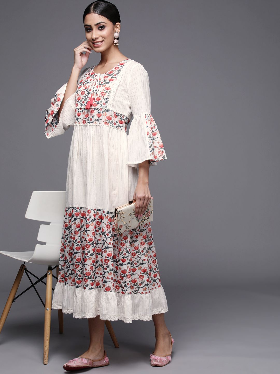 Indo Era White Ethnic Motifs Embroidered Ethnic A-Line Dress Price in India