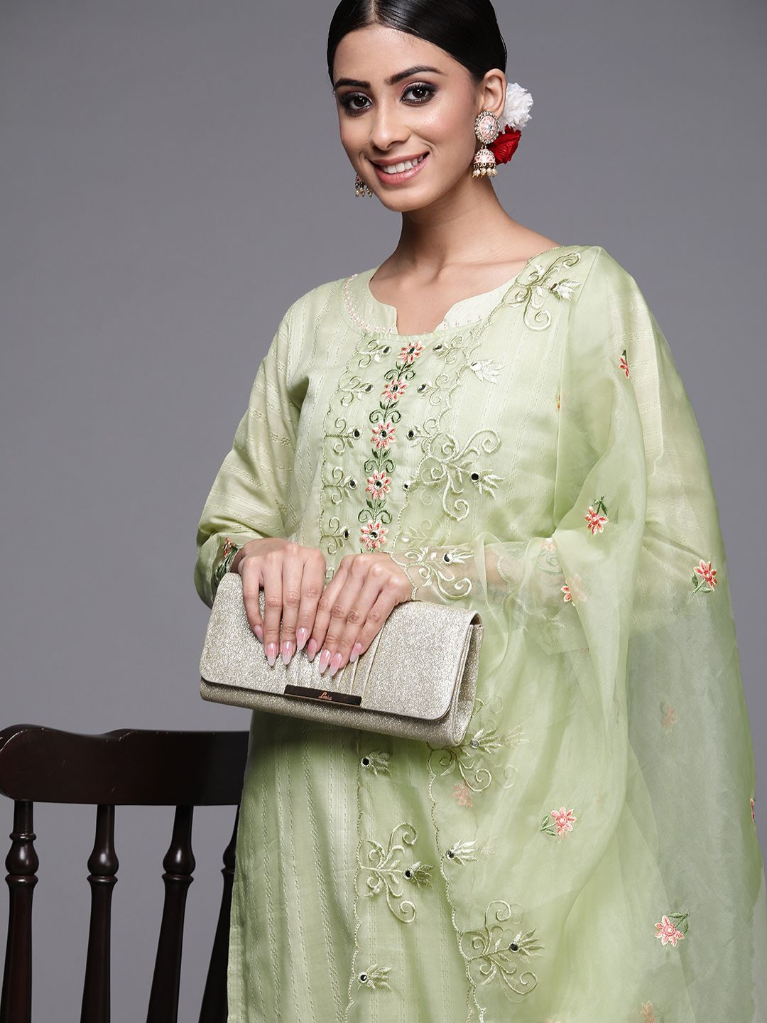 Indo Era Women Olive Green Embroidered Mirror Work Kurta with Trousers & Dupatta Price in India